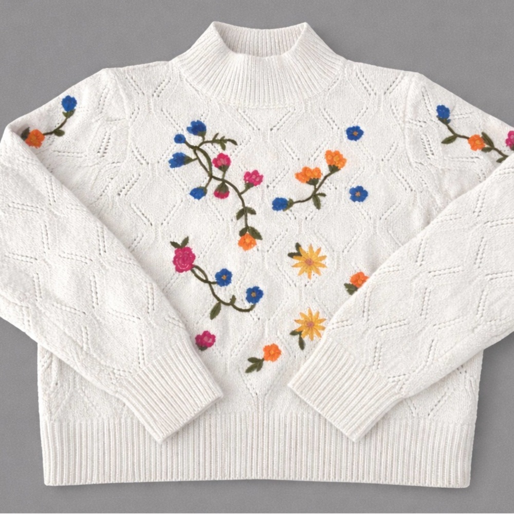 Francesca’s Cream Romantic Floral Embroidered Knit Sweater Cottagecore - Picture 3 of 7